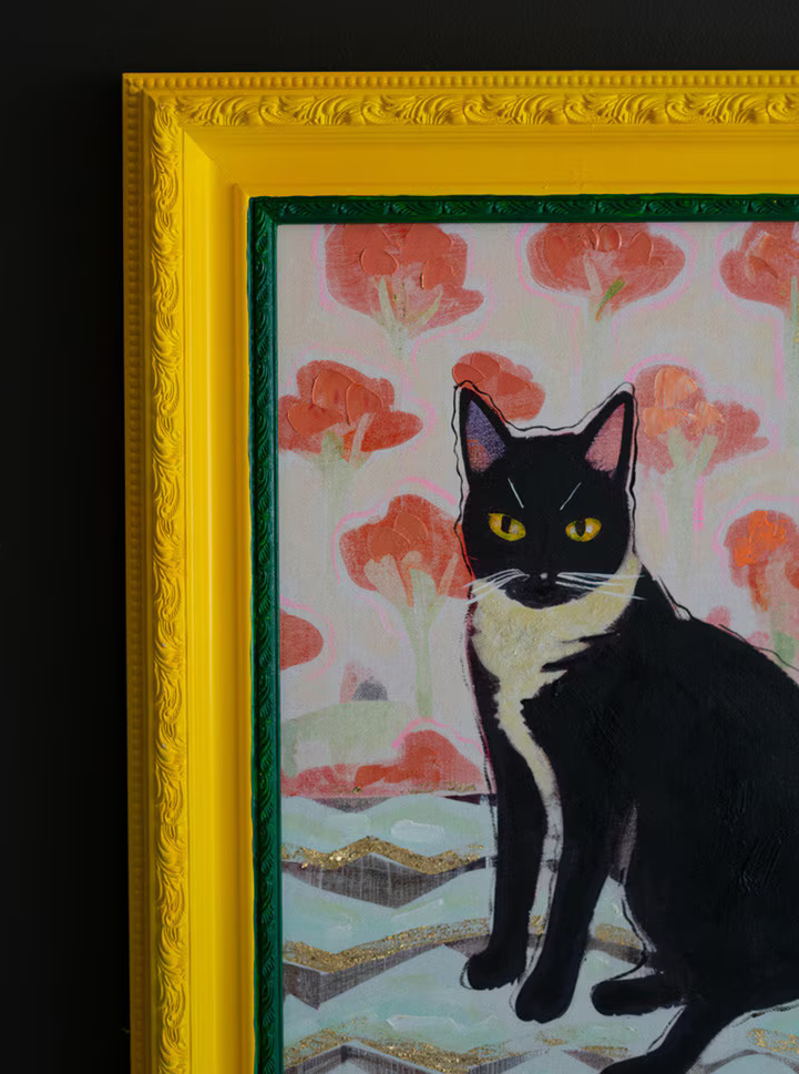 Yellow & Green Framed Cat Painting