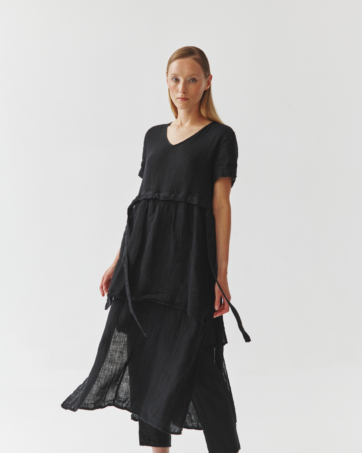 Linen Belted Dress by Kedziorek in Black
