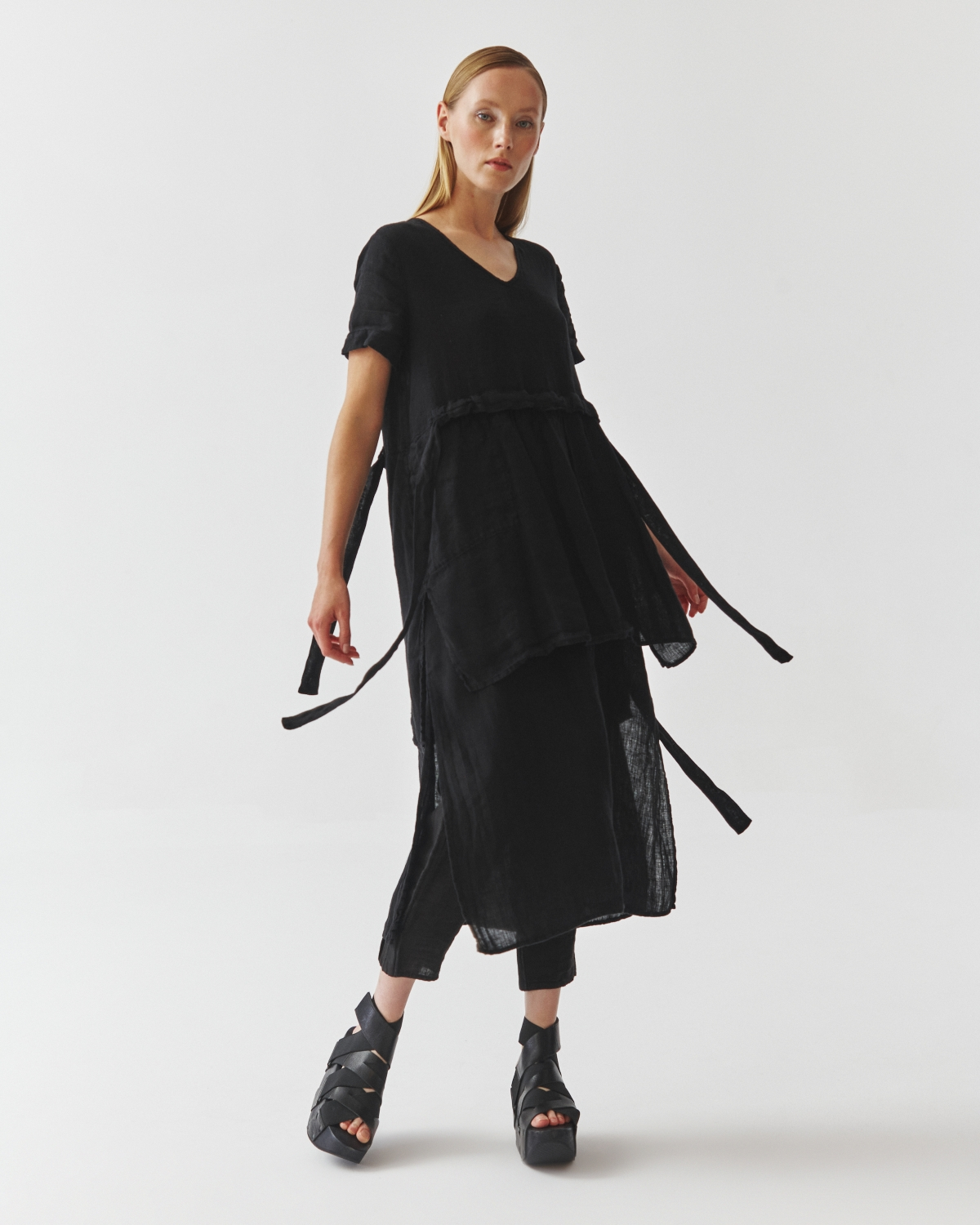 Linen Belted Dress by Kedziorek in Black