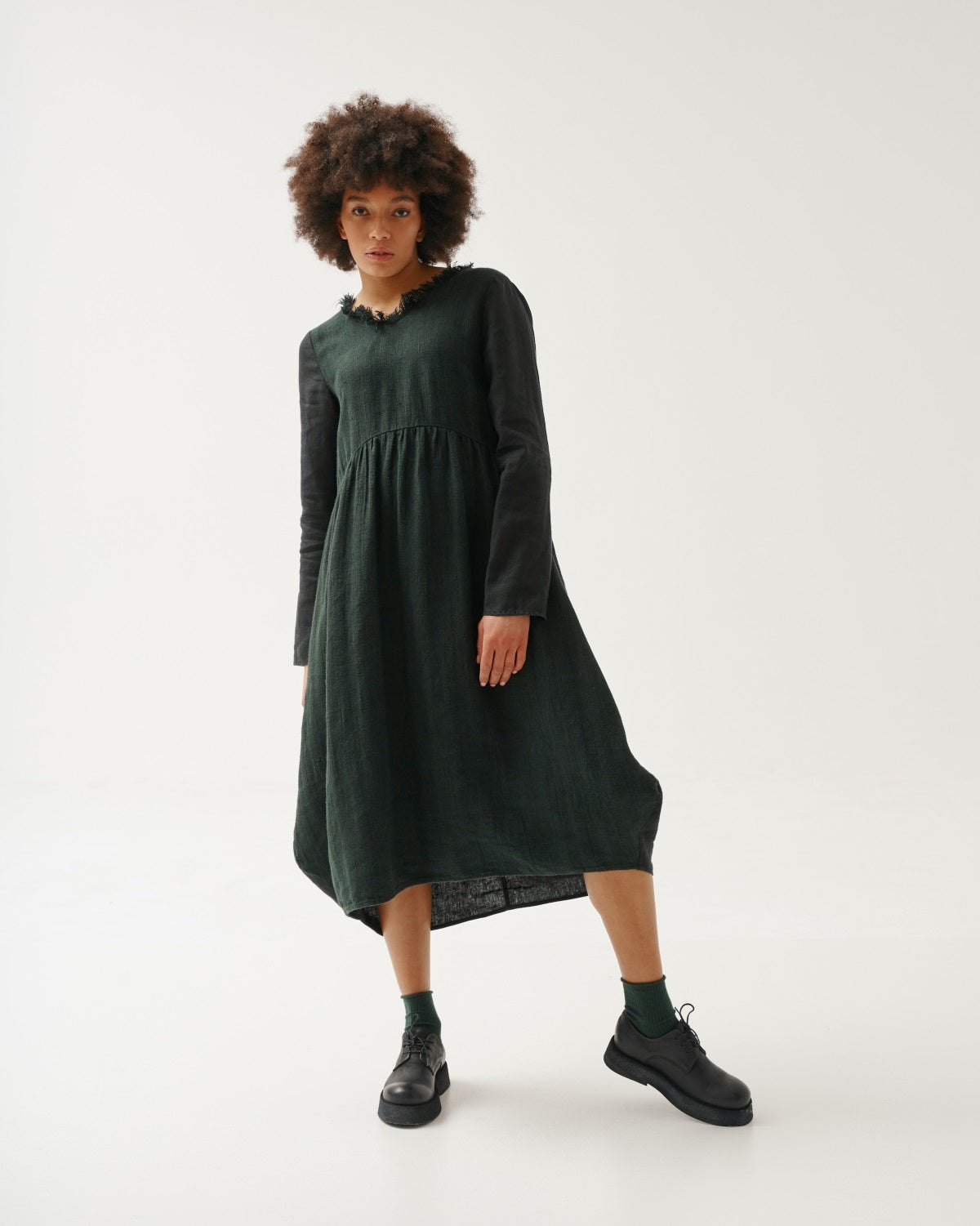 Kedziorek Linen Empire Waist Dress. Midi Length, Long Sleeves, Dark Green.