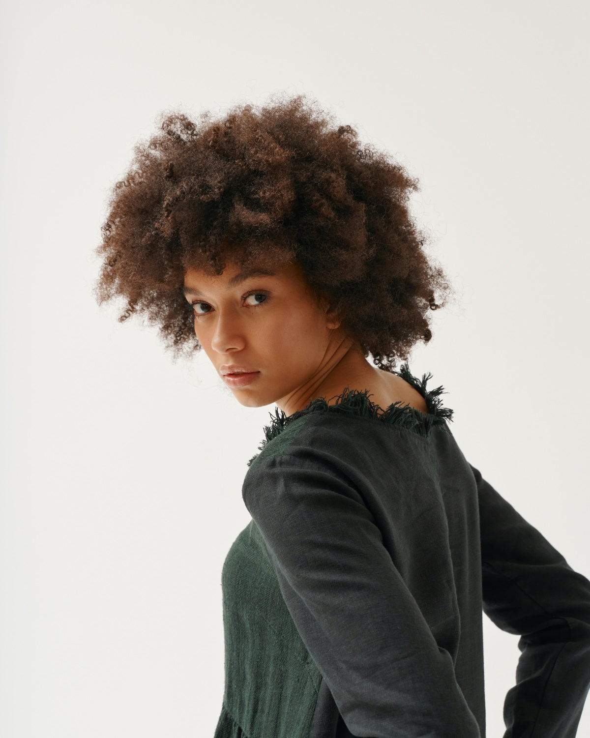 Kedziorek Linen Empire Waist Dress. Midi Length, Long Sleeves, Dark Green. Frayed Neckline.