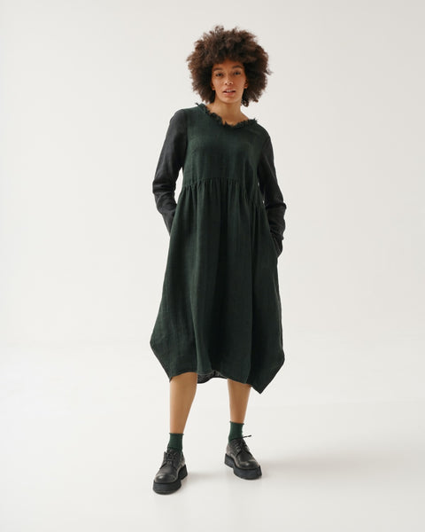 Kedziorek Linen Empire Waist Dress. Midi Length, Long Sleeves, Dark Green.