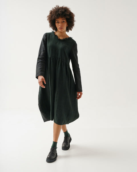 Kedziorek Linen Empire Waist Dress. Midi Length, Long Sleeves, Dark Green.