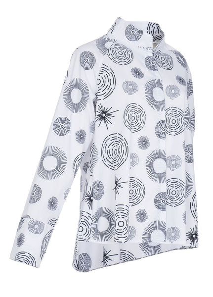 Kozan Pippa poplin top in Wheels pattern, white button up, mock collar, long sleeves. Artistic Circular patterns on white fabric.