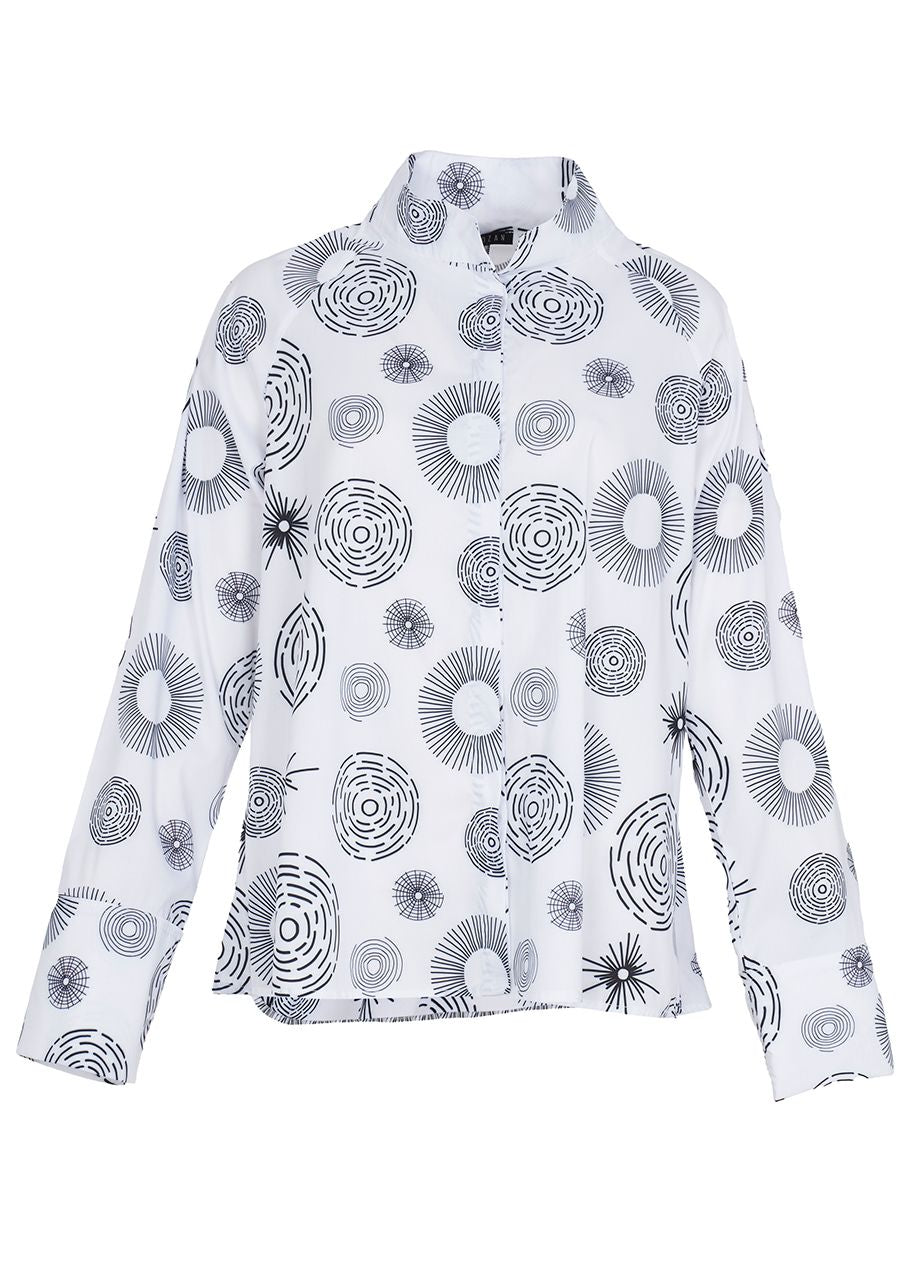 Kozan Pippa poplin top in Wheels pattern, white button up, mock collar, long sleeves. Artistic Circular patterns on white fabric.