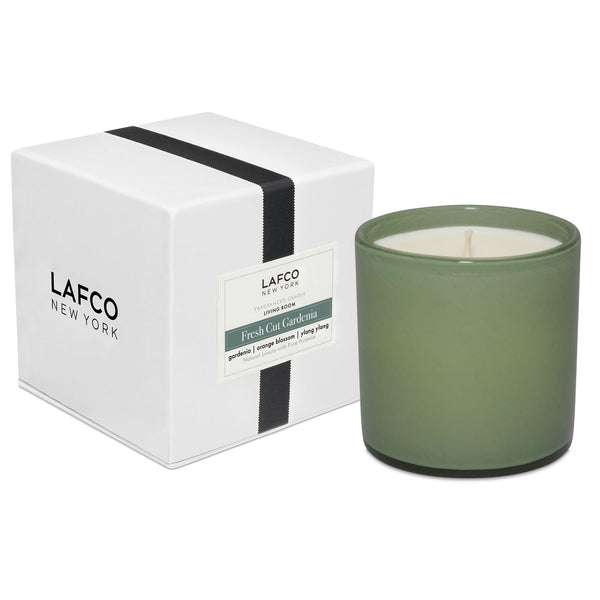 Gray-Green Lafco Candle scented "Fresh Cut Gardenia".