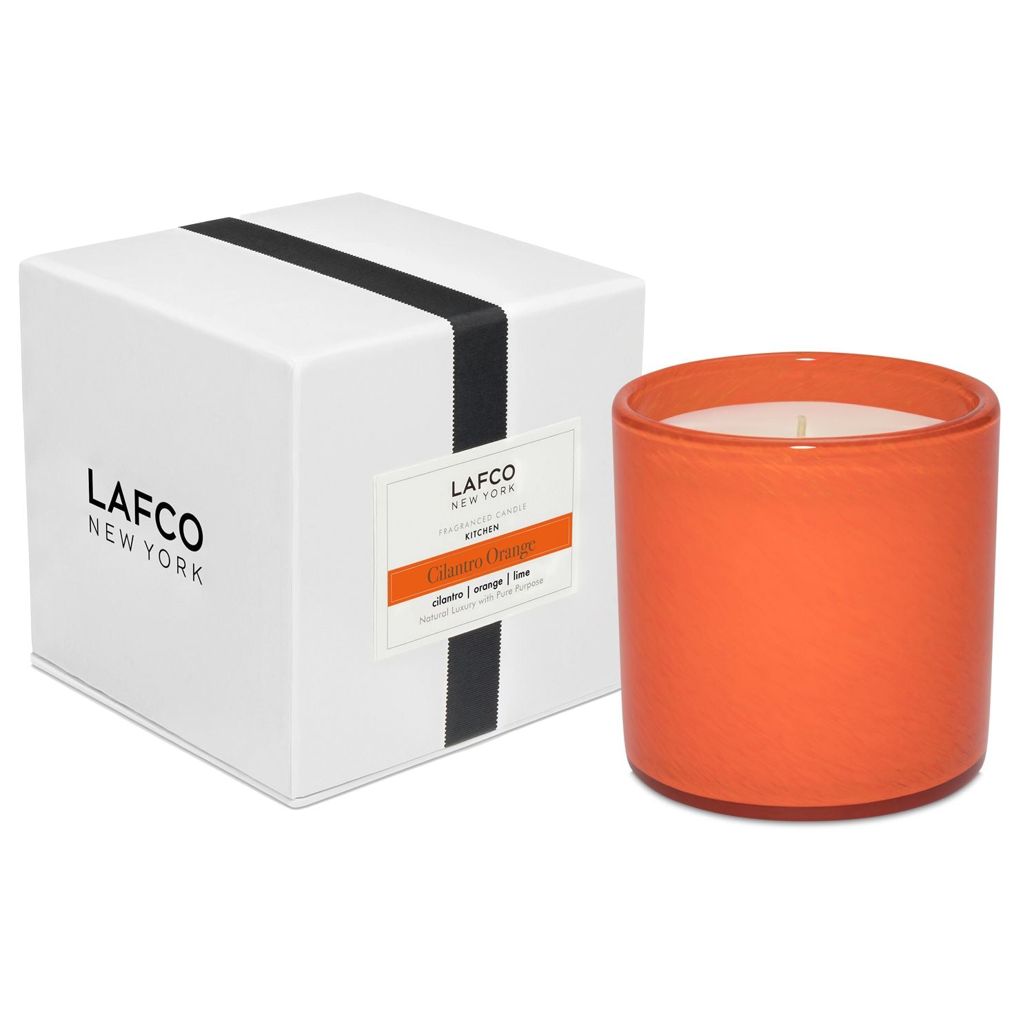 Red-Orange Lafco Candle scented "Cilantro Orange".