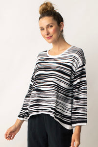 Liv by Habitat Wave Pullover. Black and white sweater with rounc neck, wide sleeves, asymmetrical hem, a-line silhouette.