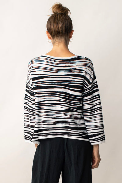 Liv by Habitat Wave Pullover. Black and white sweater with rounc neck, wide sleeves, asymmetrical hem, a-line silhouette.