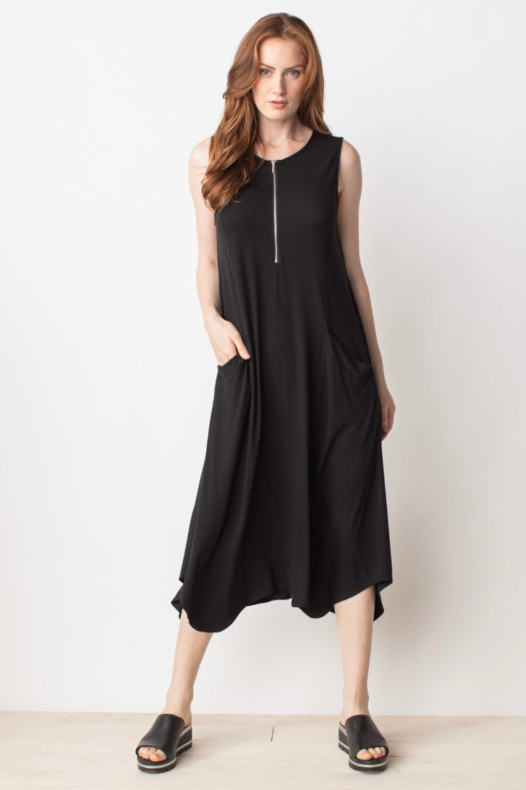 Liv by Habitat Zip It Dress.  Black sleeveless maxi dress with zipper detail on front and side pcokets. Asymmetrial Hem.