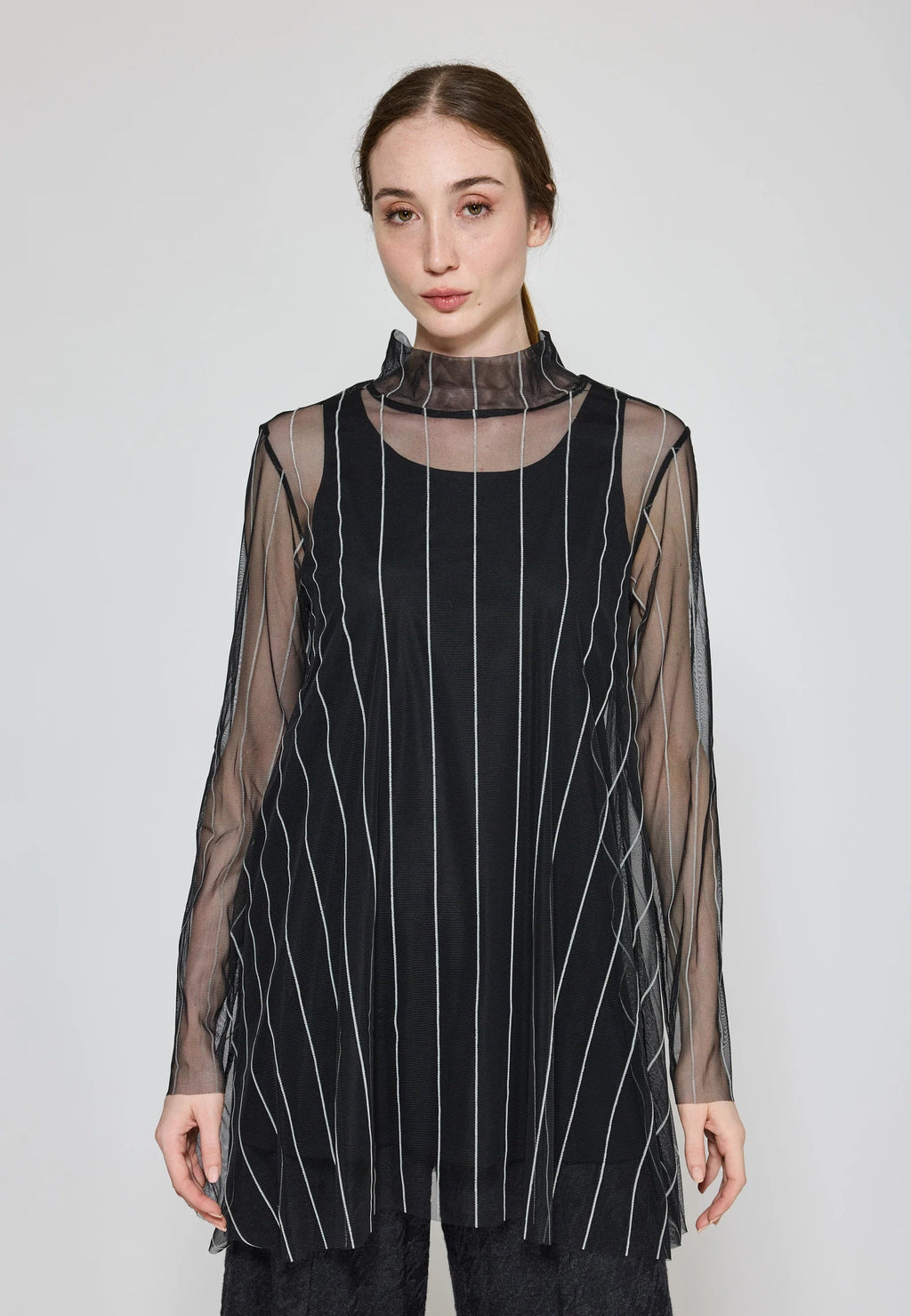 Luukaa Noelle Striped Mesh Layered Blouse in Black & Ecru