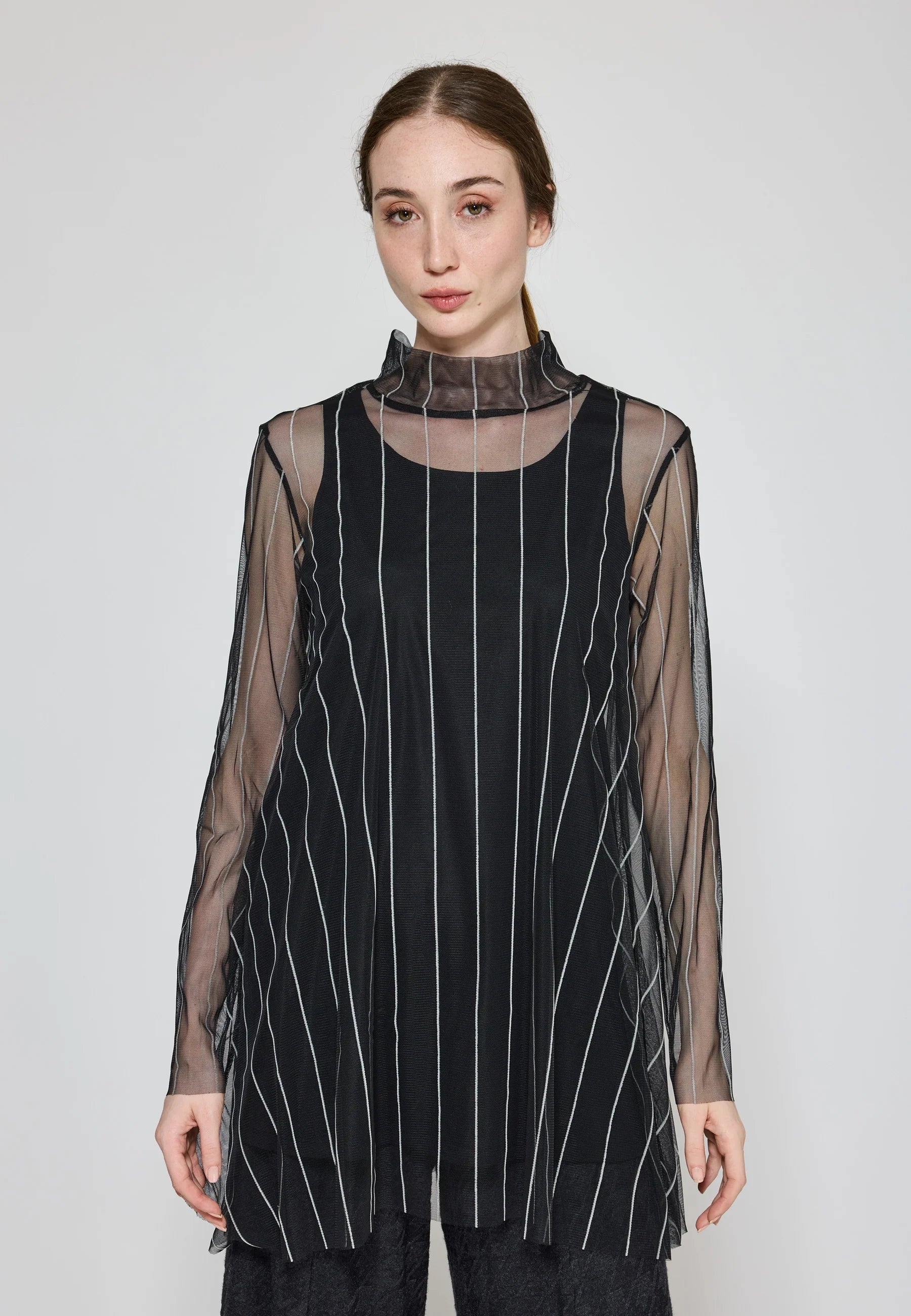 Luukaa Noelle Striped Mesh Layered Blouse in Black & Ecru