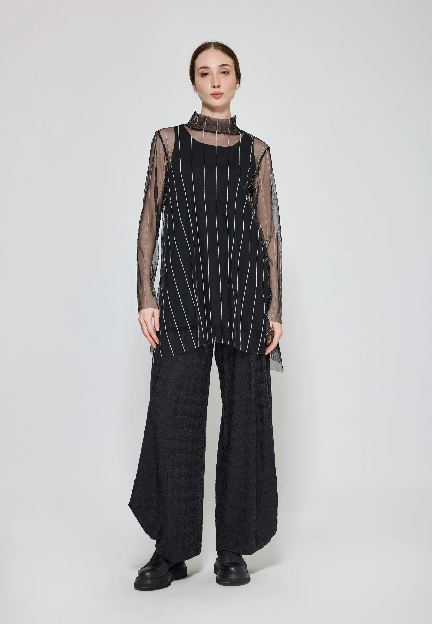 Luukaa Noelle Striped Mesh Layered Blouse in Black & Ecru