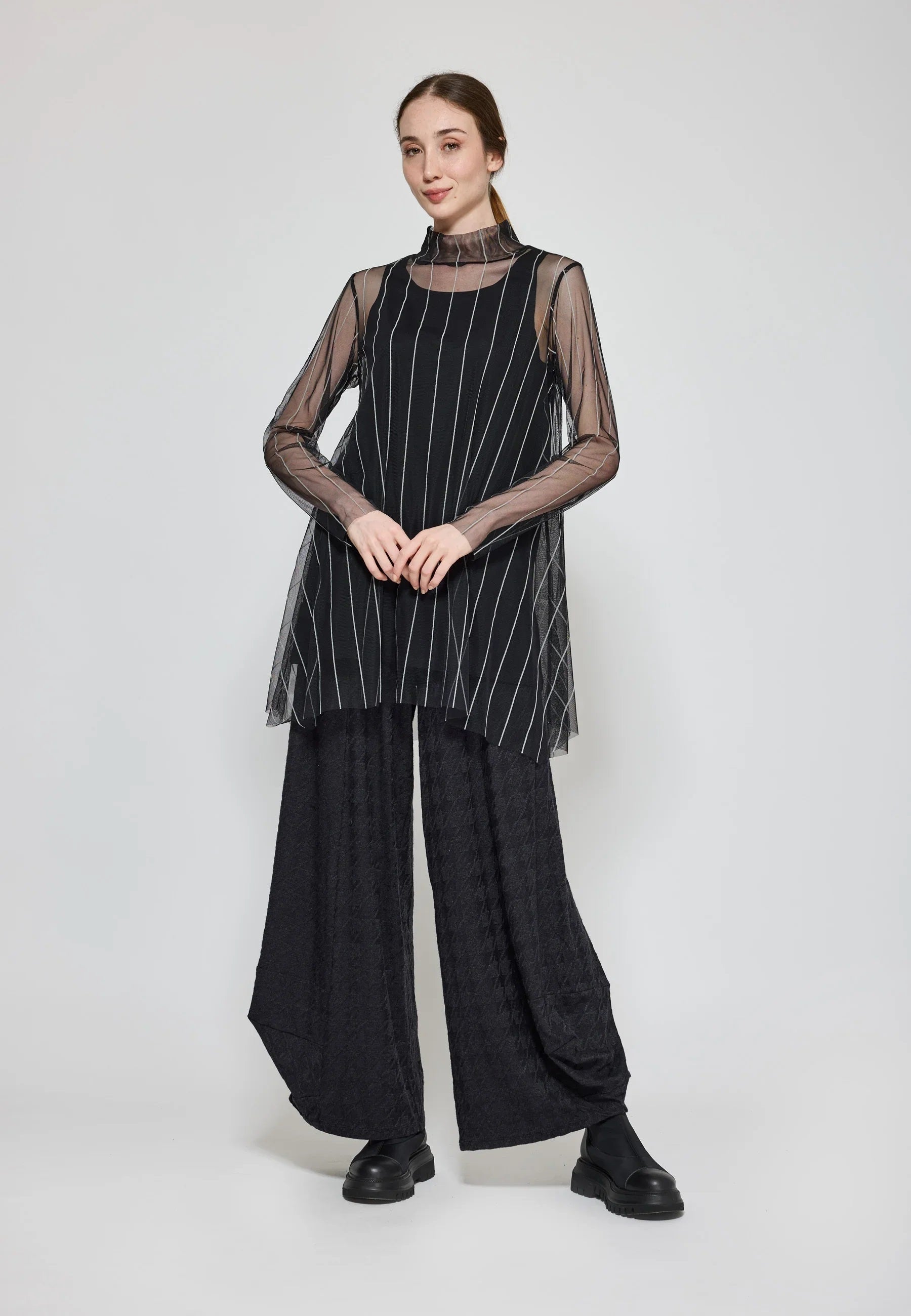 Luukaa Noelle Striped Mesh Layered Blouse in Black & Ecru