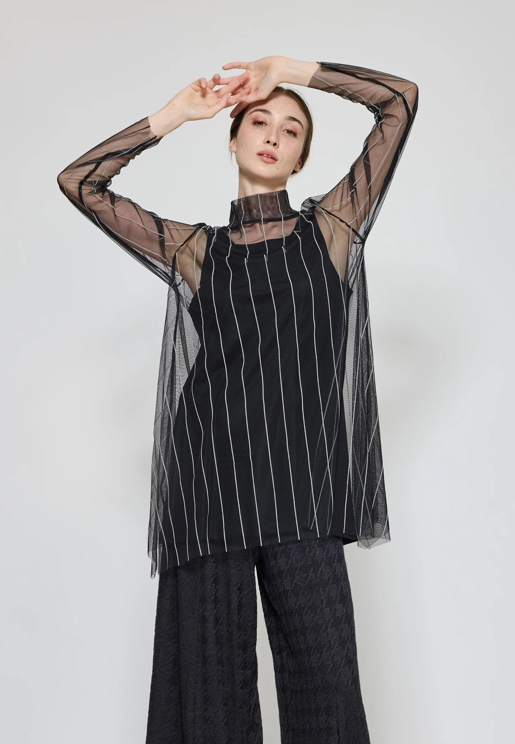 Luukaa Noelle Striped Mesh Layered Blouse in Black & Ecru