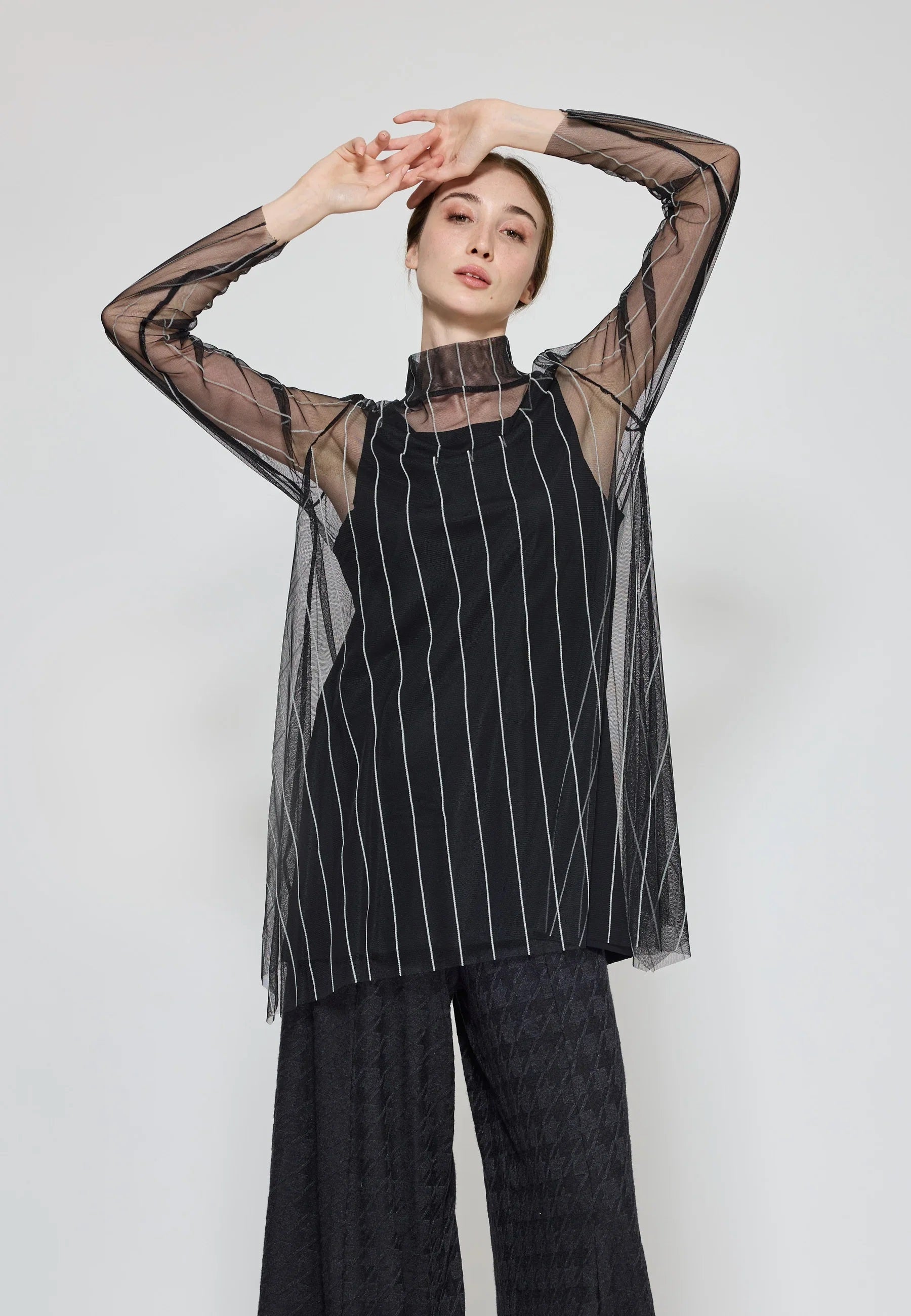 Luukaa Noelle Striped Mesh Layered Blouse in Black & Ecru