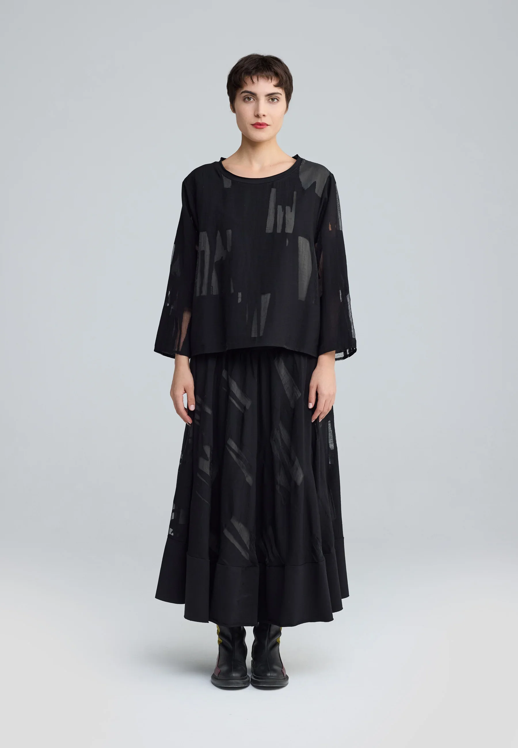 Luukaa's Cascade Selindra Sheer Jacquard Blouse in Black & Khaki