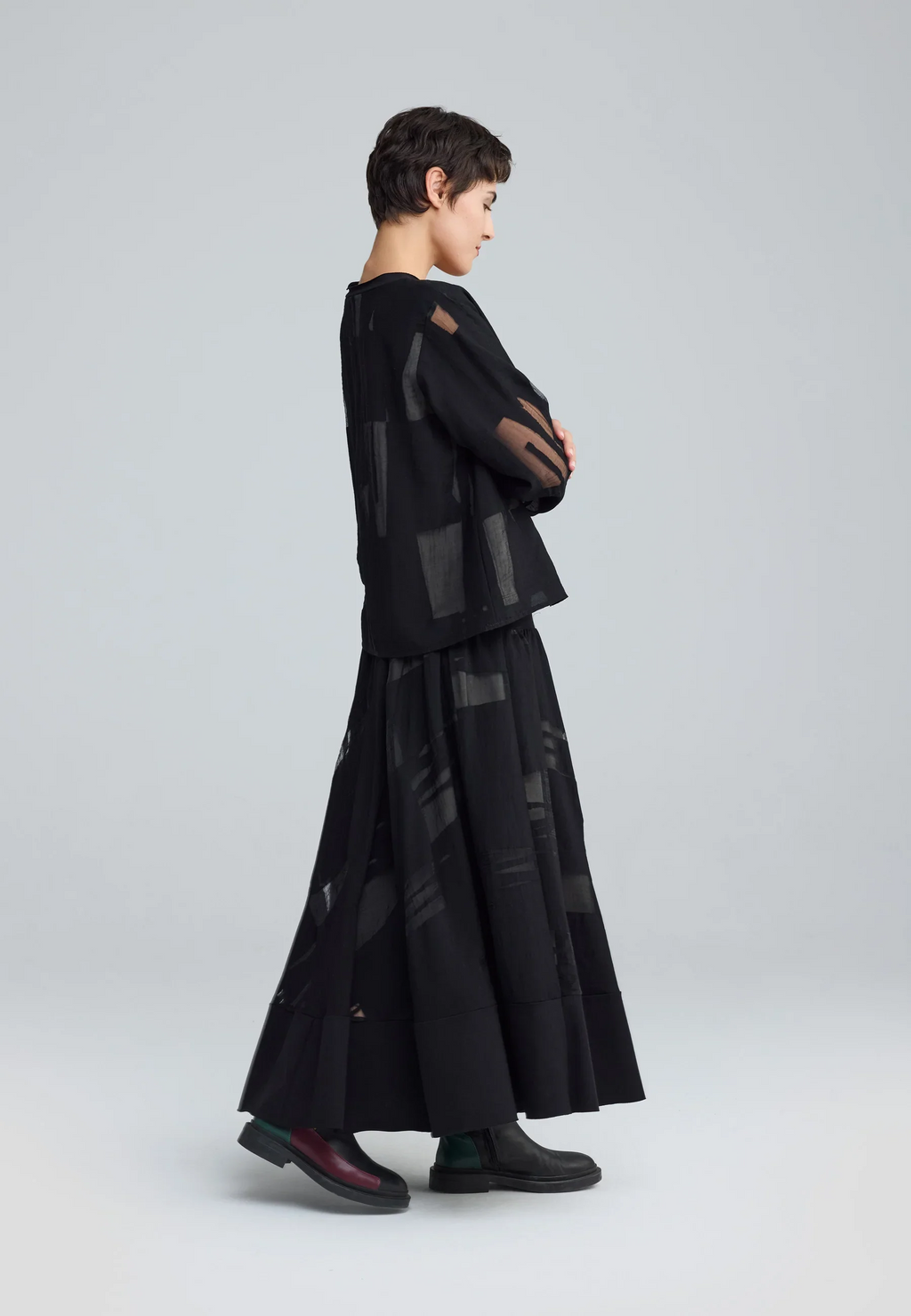 Luukaa's Cascade Selindra Sheer Jacquard Blouse in Black & Khaki