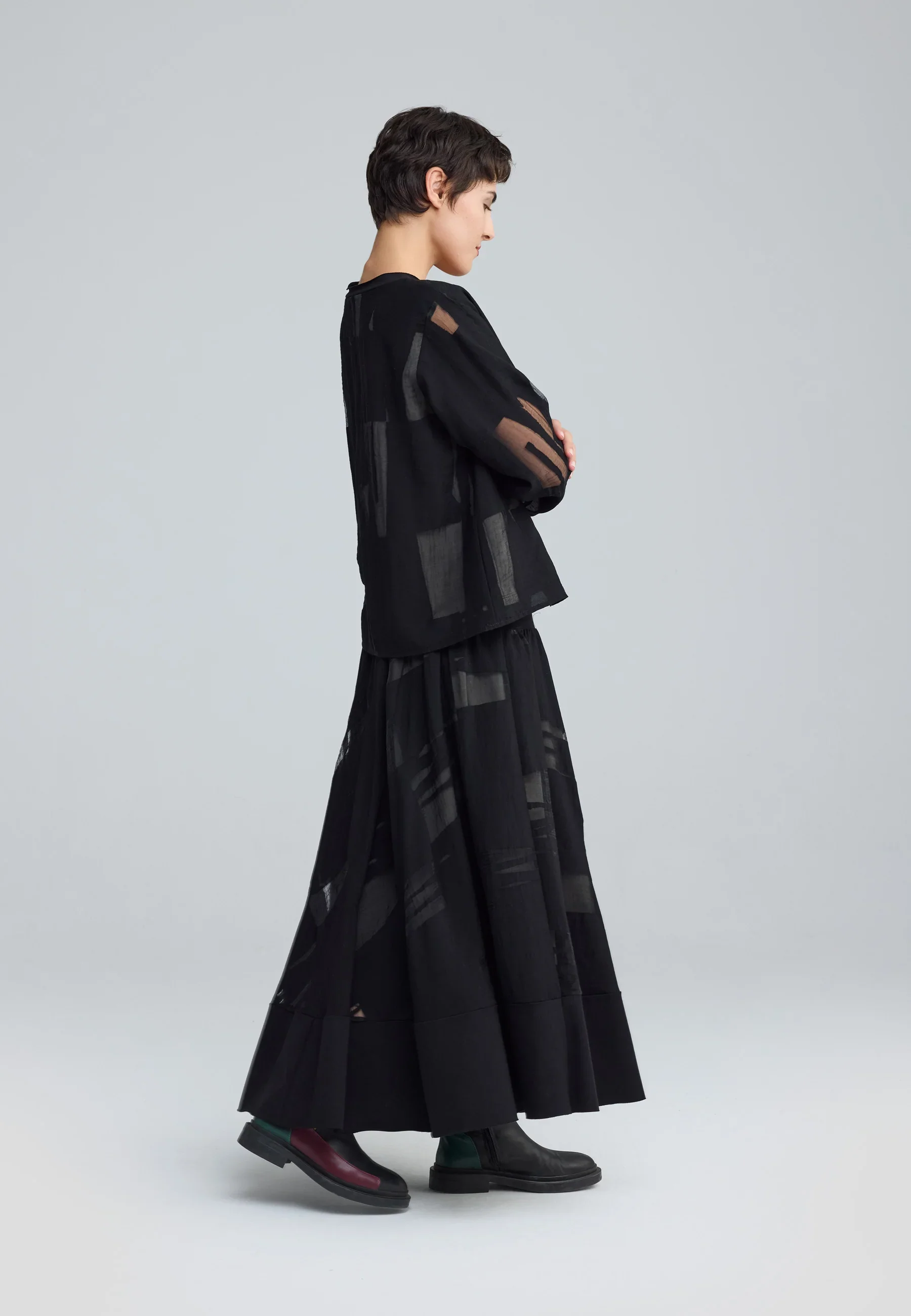 Luukaa's Cascade Selindra Sheer Jacquard Blouse in Black & Khaki