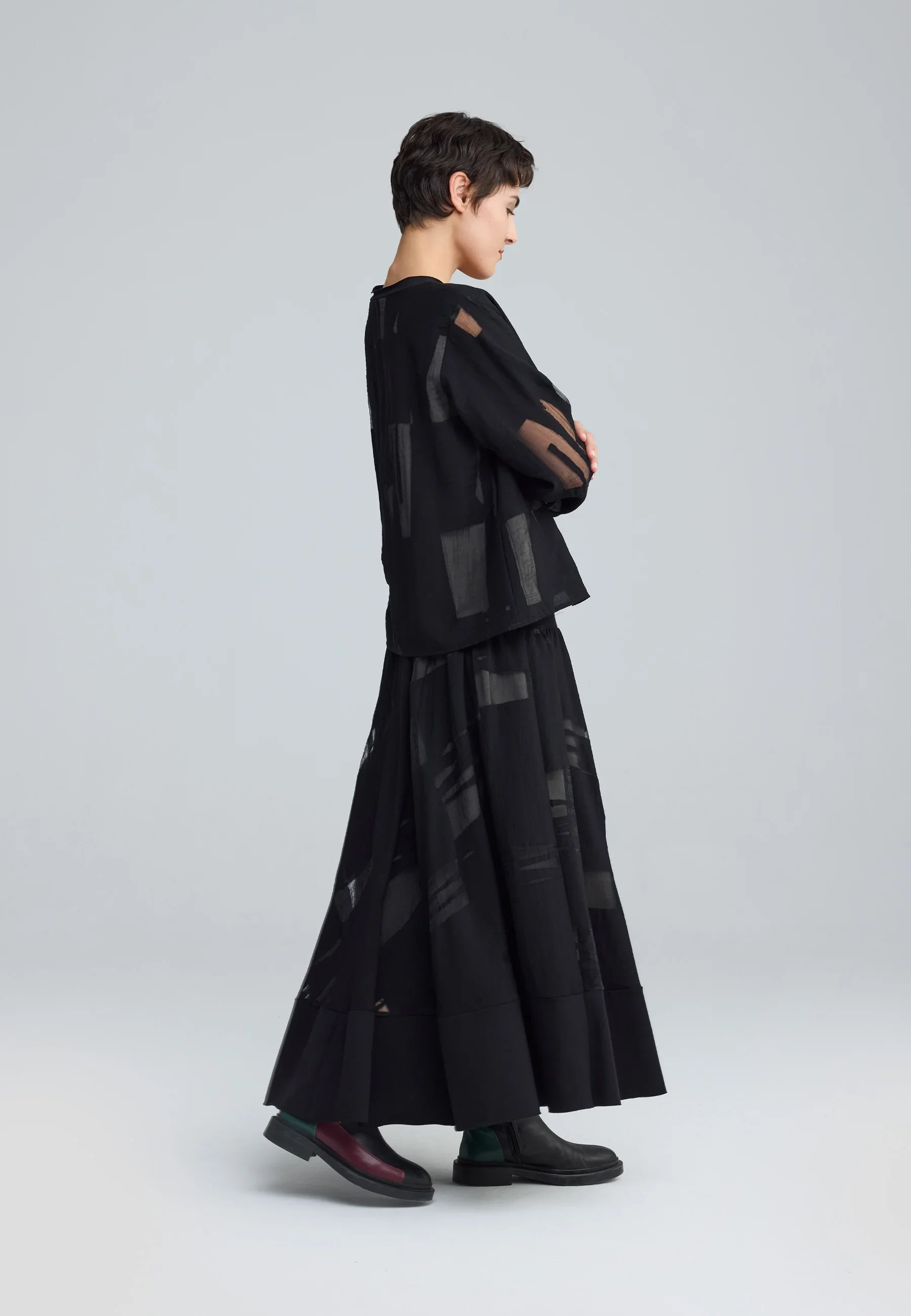 Cascade Calinda Jacquard Maxi Skirt in Black and Khaki