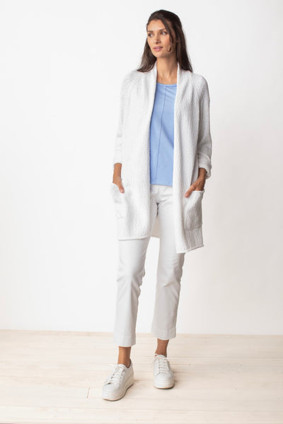 Liv by Habitat Cozy Cardi. Knit white, open front cardigan. Tunic length, patch pockets, long sleeve.