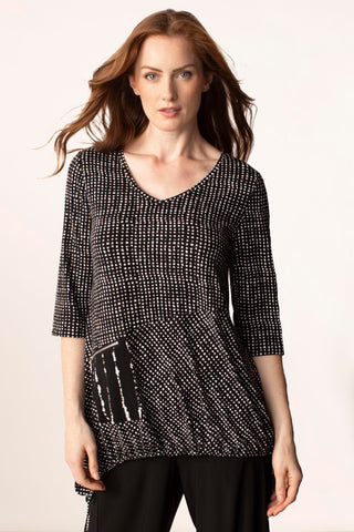 Liv by Habitat Drawstring Tunic Black and White Check Pattern with Patch Pocket. V-neck, cropped sleeves, tunic length.