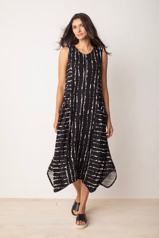 Liv by Habitat Striped Zip it Dress. Black and white patterned sleeveless maxi dress with zipper detail at front, pockets, asymmetrical hem.