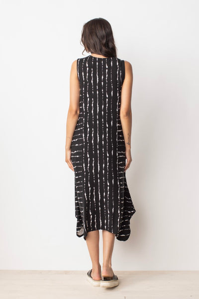 Liv by Habitat Striped Zip it Dress. Black and white patterned sleeveless maxi dress with zipper detail at front, pockets, asymmetrical hem.