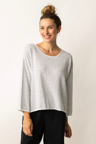 Liv by Habitat Textured Dot Pullover Sweater in white with black dots. ROund neck, wide sleeves, cropped length.
