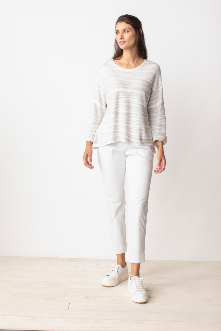 Liv by Habitat Wave Pullover. tan/ sand and white sweater with round neck, wide sleeves, asymmetrical hem, a-line silhouette.