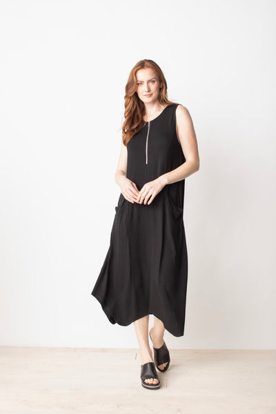 Liv by Habitat Zip It Dress.  Black sleeveless maxi dress with zipper detail on front and side pcokets. Asymmetrial Hem.
