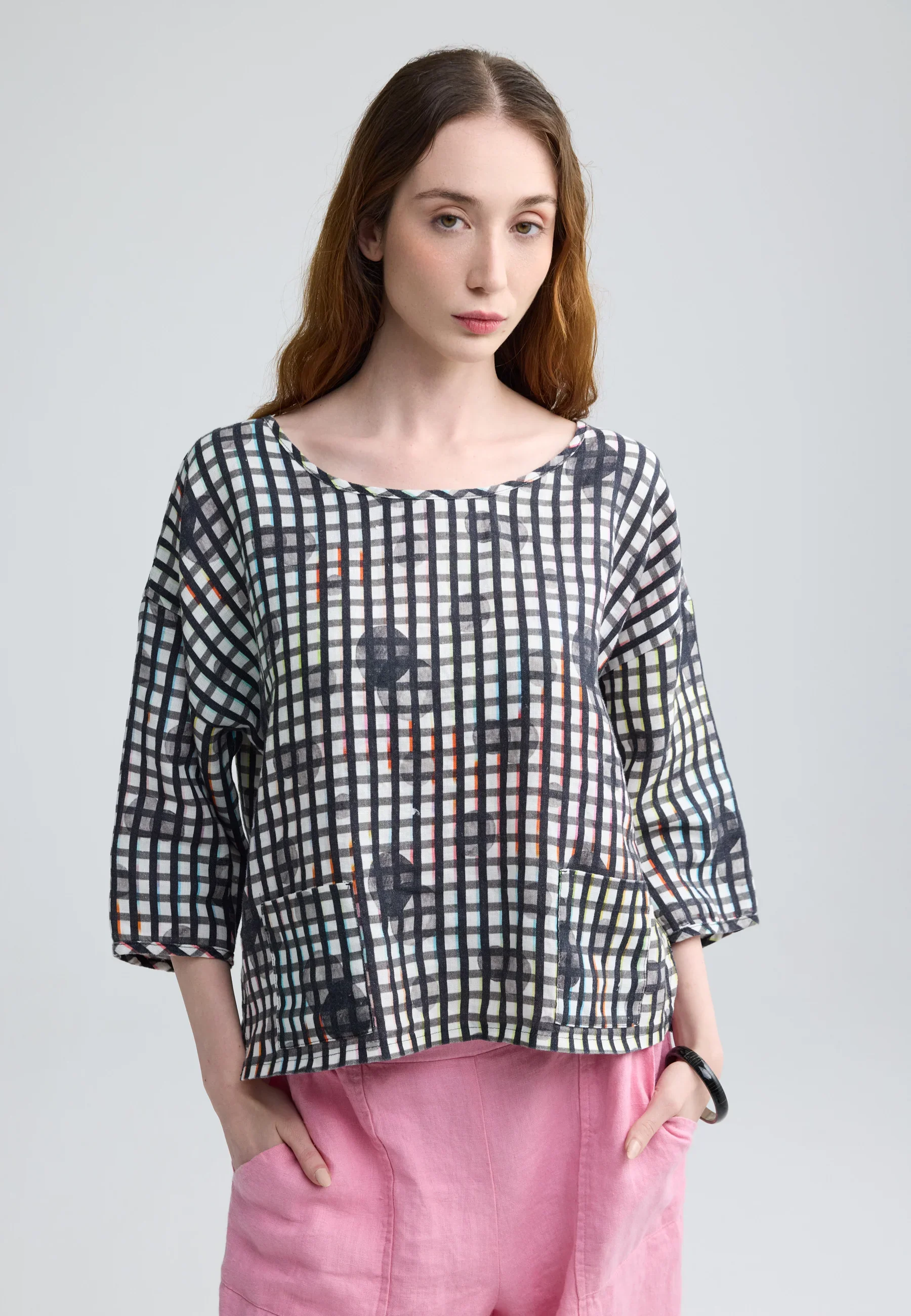 Luukaa Lunelle Neon Print Linen Boxy Blouse in Neon Black