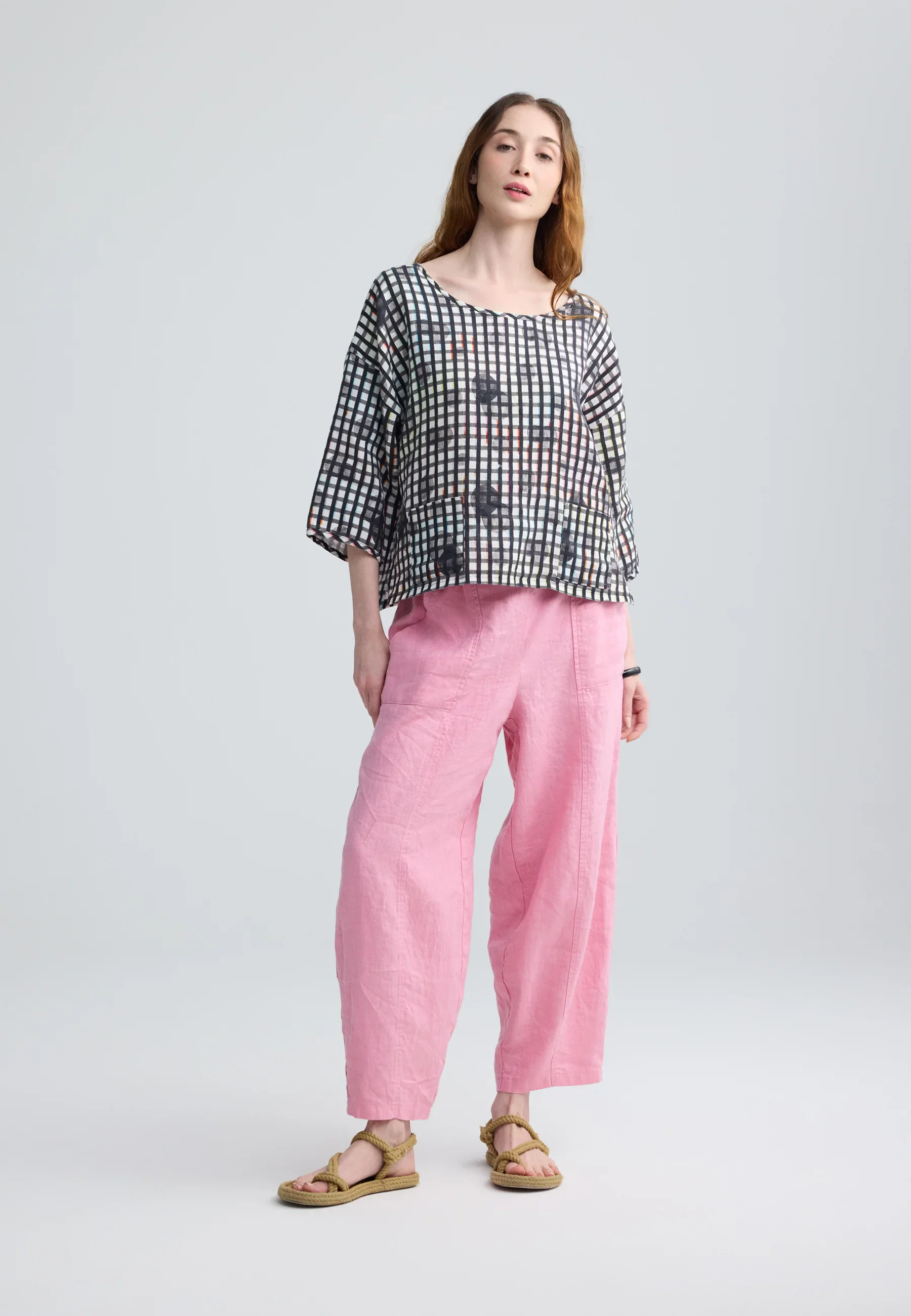 Luukaa Lunelle Neon Print Linen Boxy Blouse in Neon Black