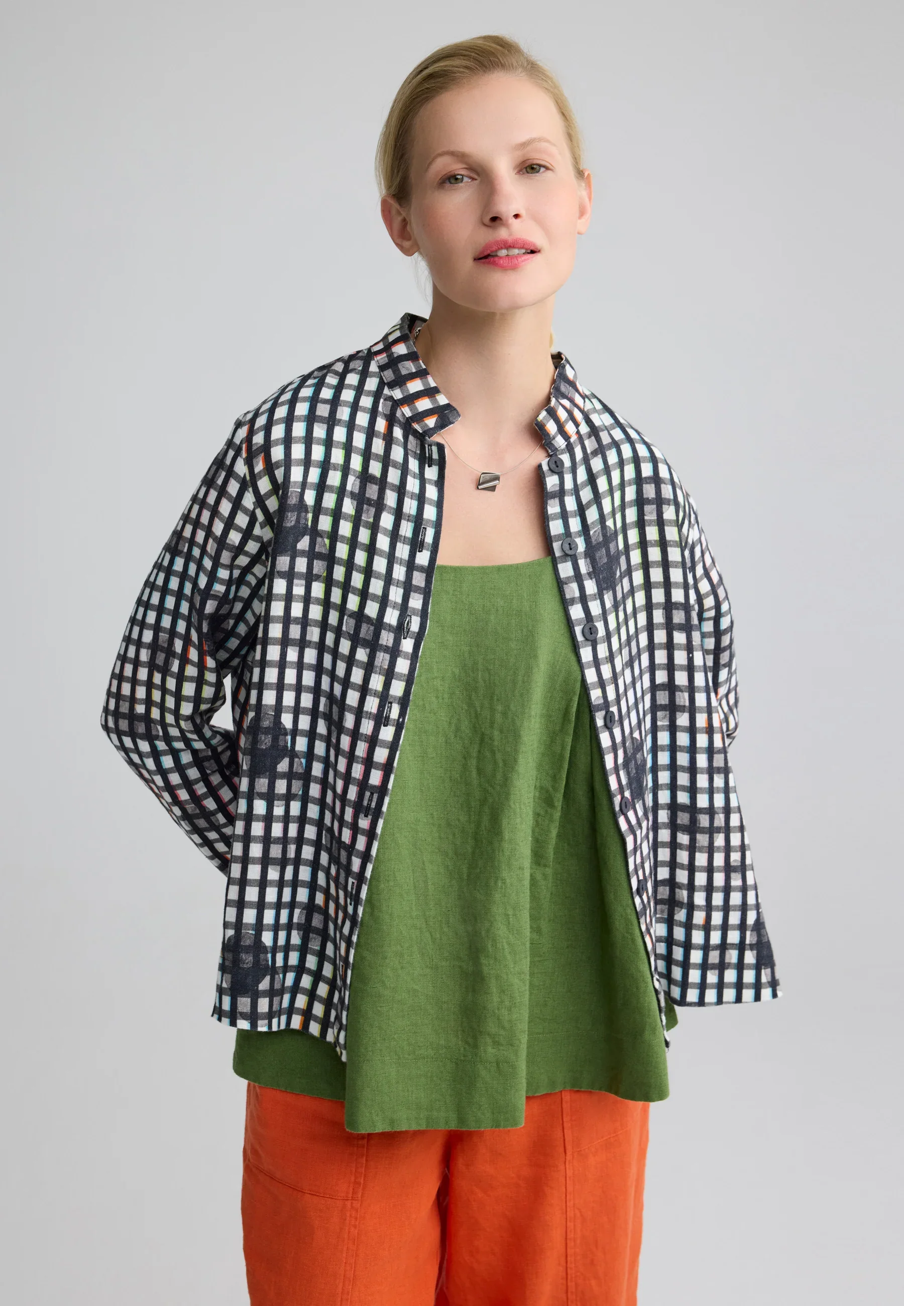 Mireya Linen Stand Collar Shirt from Luukaa in Neon Black