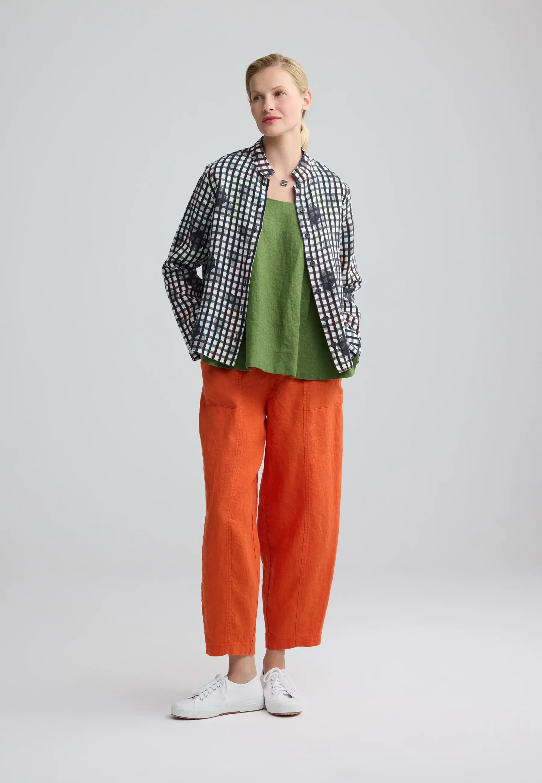 Mireya Linen Stand Collar Shirt from Luukaa in Neon Black