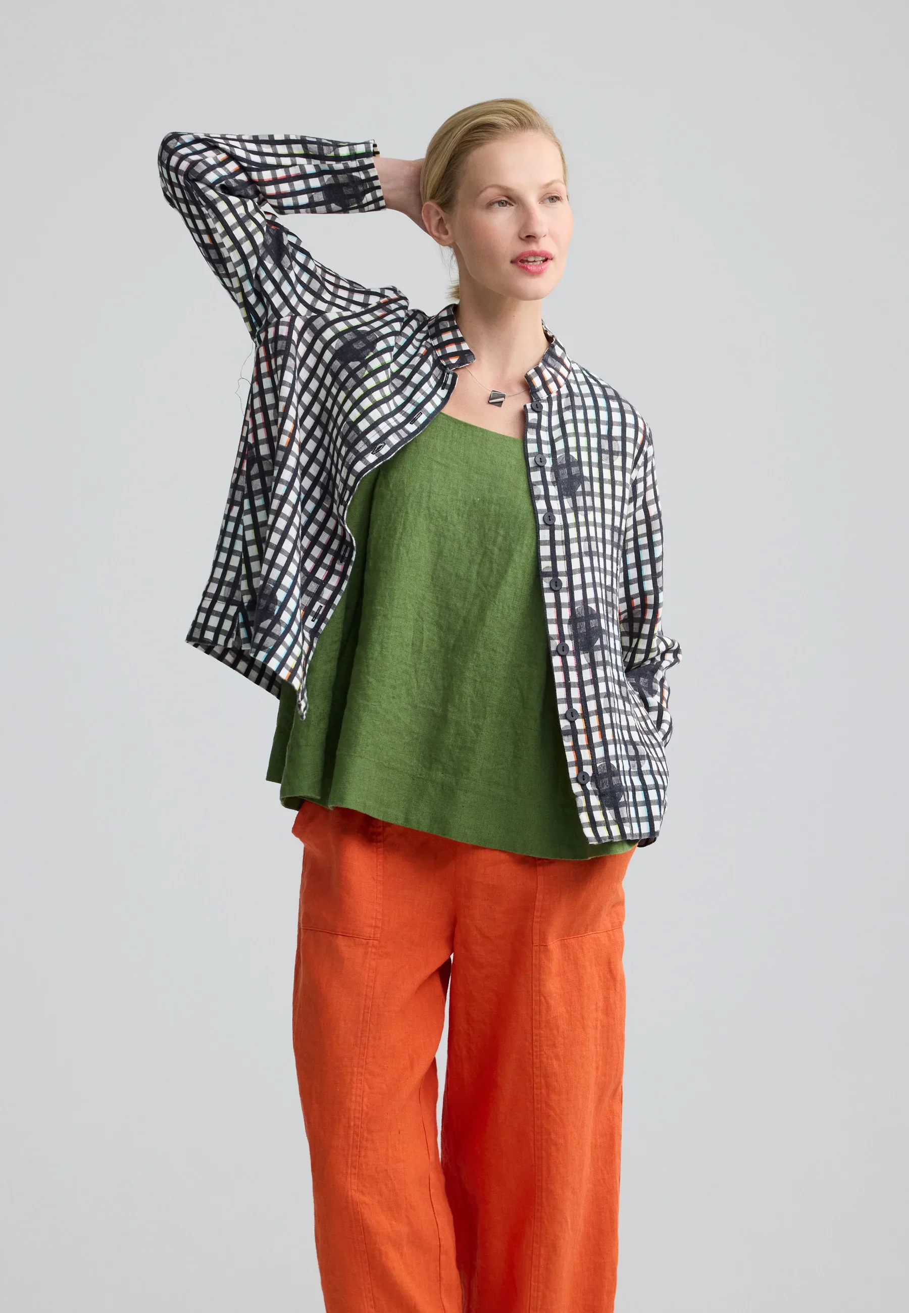 Mireya Linen Stand Collar Shirt from Luukaa in Neon Black