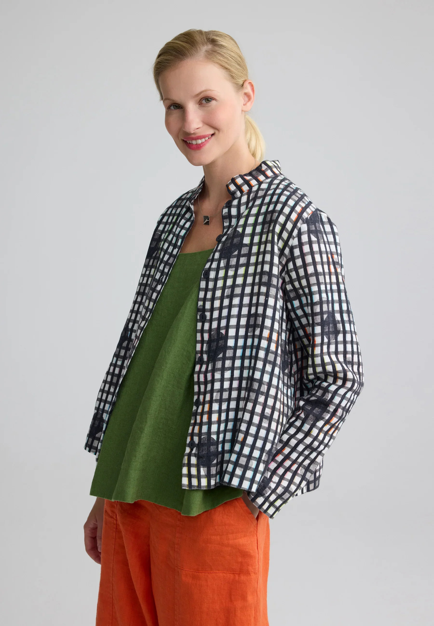 Mireya Linen Stand Collar Shirt from Luukaa in Neon Black