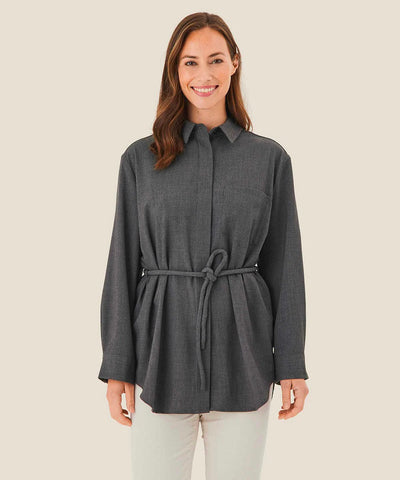 Masai Idune Button Up Shirt in Dark Gray with Detachable Tie Belt and Long Sleeves.