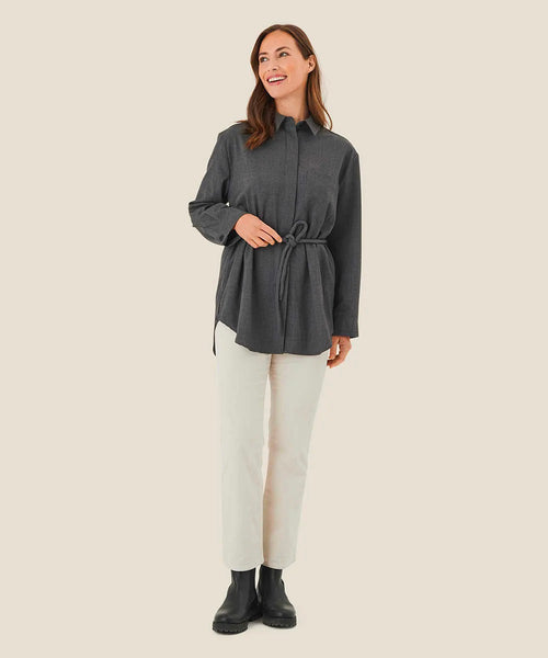 Masai Idune Button Up Shirt in Dark Gray with Detachable Tie Belt and Long Sleeves.