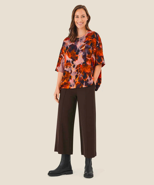 Masai Piana Pant in Coffee Bean. Dark brown, cropped length, wide leg with well fitting waist.