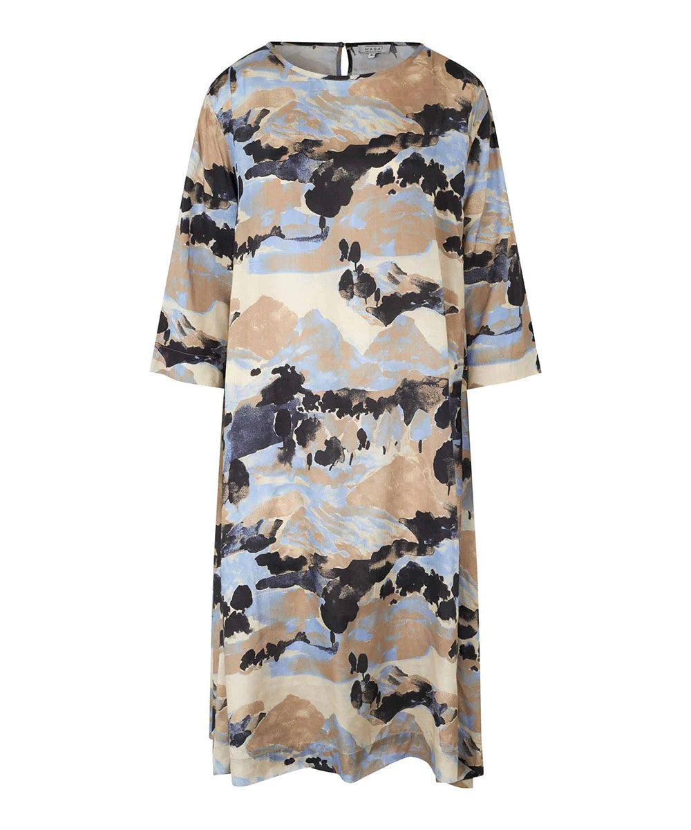 Masai Nabia Midi Dress in Steel Grey Mountain Print. Black, blue, tan and ivory colors, round neckline, wide cropped sleeves and relaxed fit.