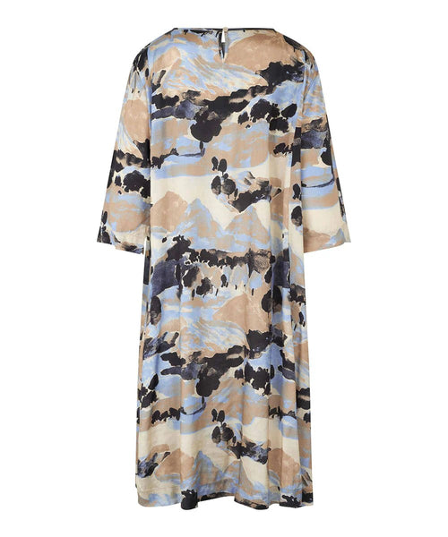Masai Nabia Midi Dress in Steel Grey Mountain Print. Black, blue, tan and ivory colors, round neckline, wide cropped sleeves and relaxed fit.