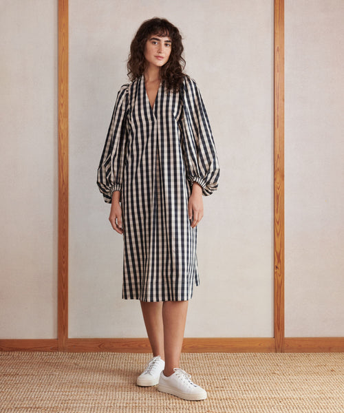 Masai Nalo Black and White Gingham  Dress. Long balloon sleeves, deep v-neck, loose fit, knee length hem.