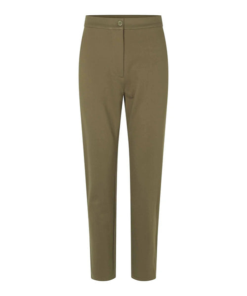 Masai Pamala Trouser in Capers, a lovely olive green color. Slim leg, zip fly with button closure, on seam pockets.