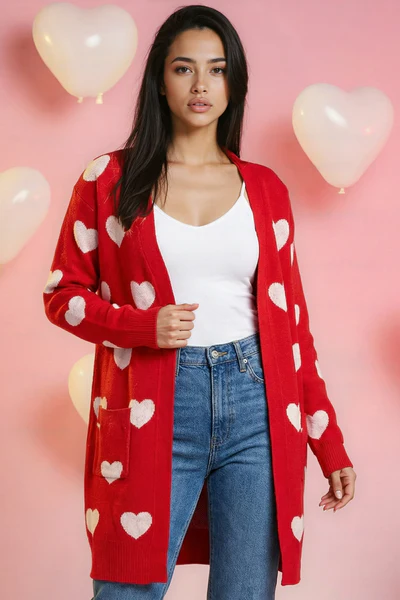 All Over Hearts Cardigan in Red