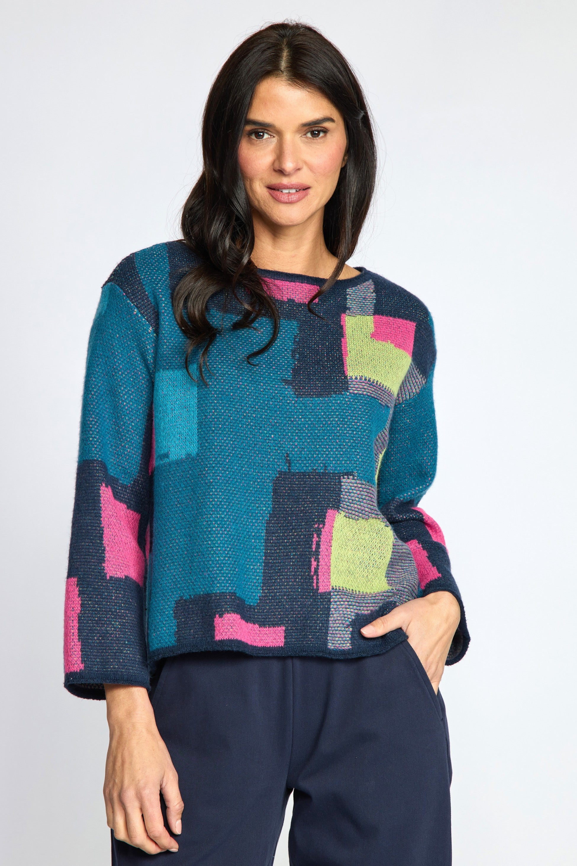 Olivia's Collage Swing Sweater in Teal