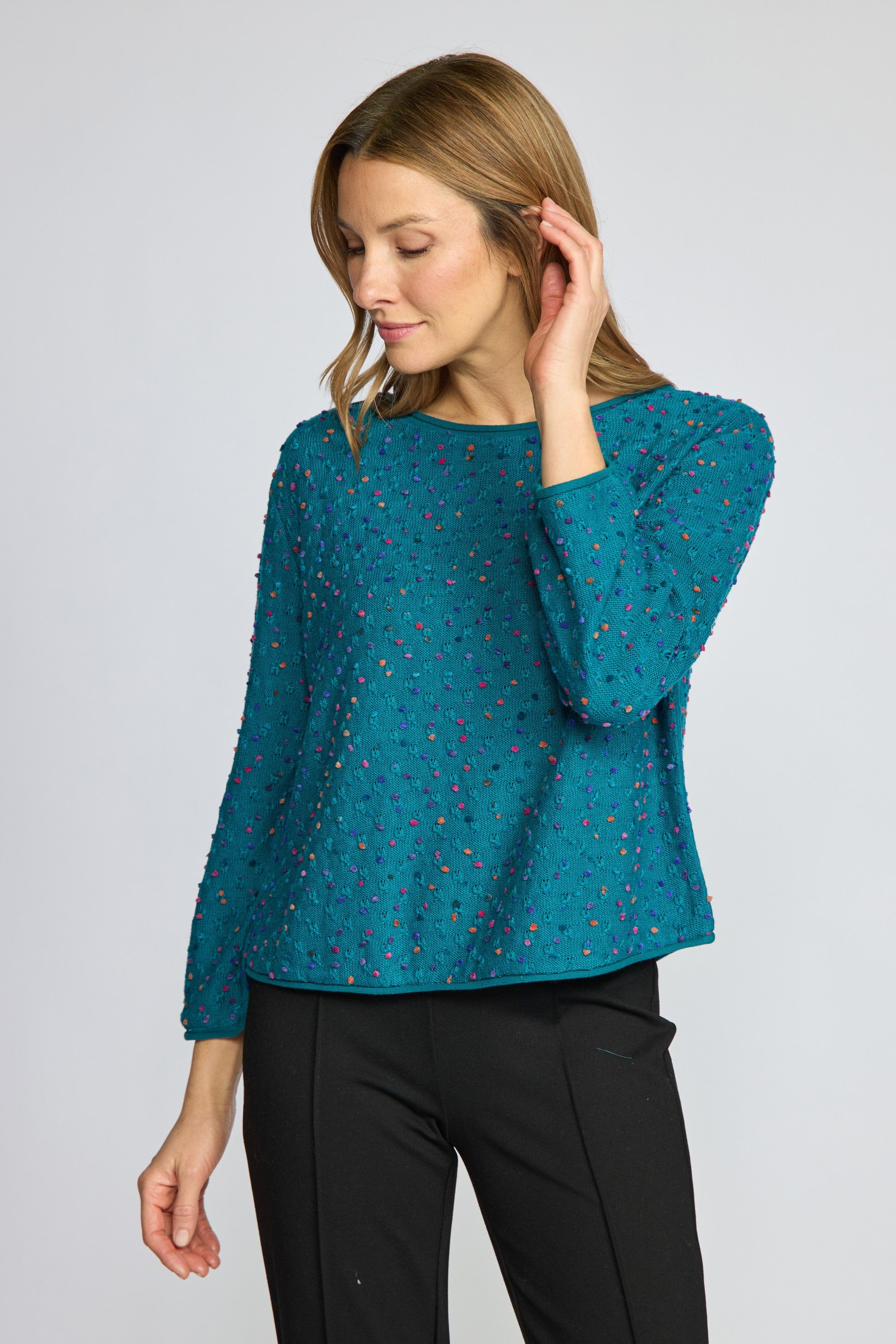 Olivia's Confetti Dot Pullover in Teal