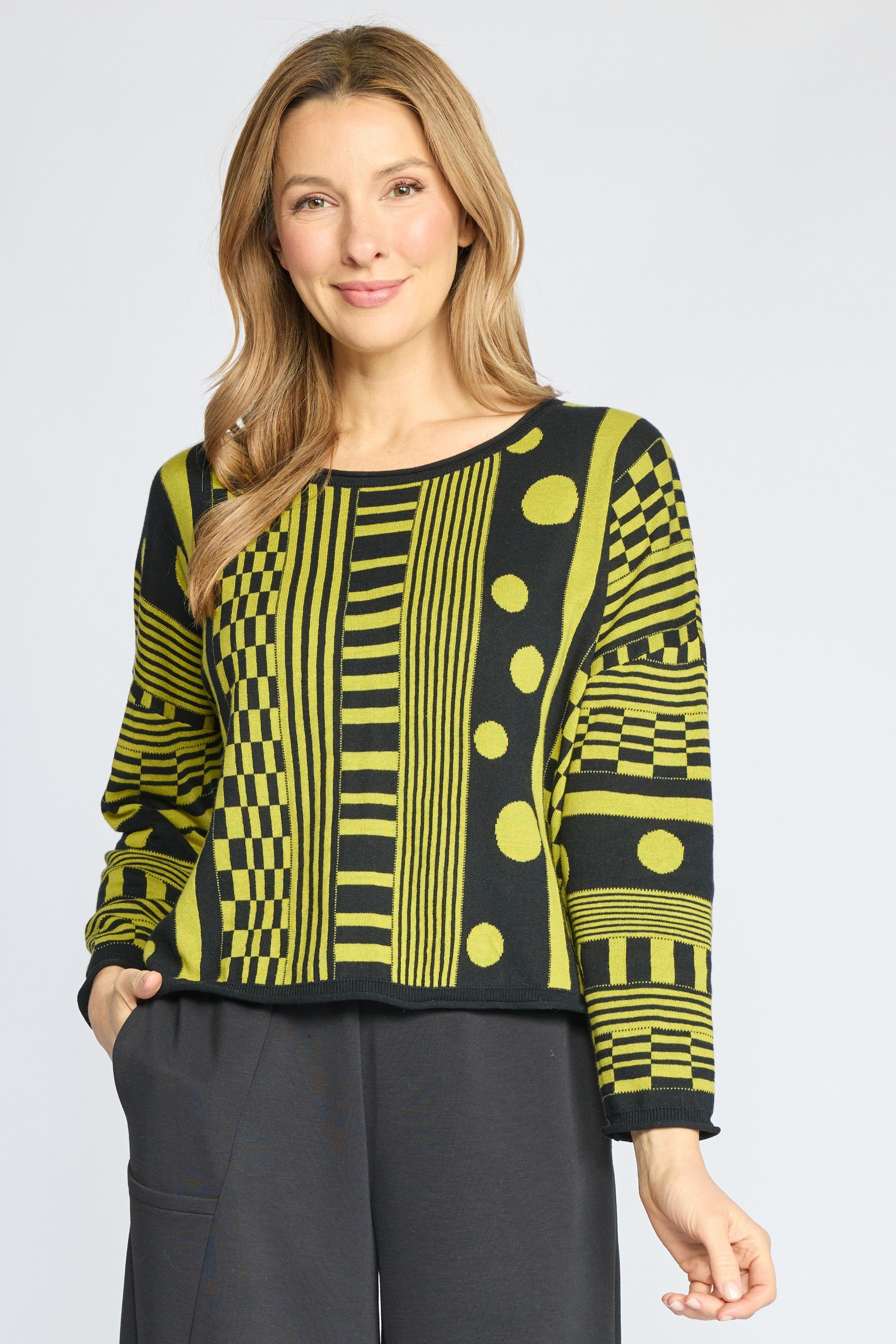 The Mixed Topper Sweater by Olivia in Pear