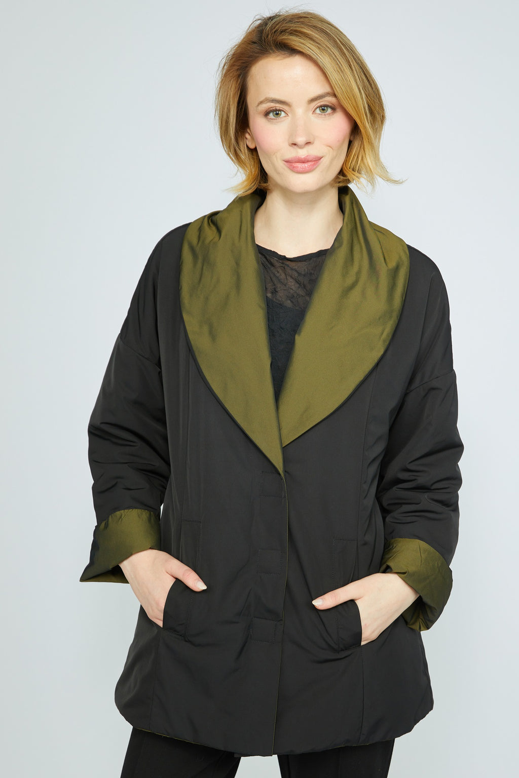 Olivia's Two Tone Taffetta Coat in Moss