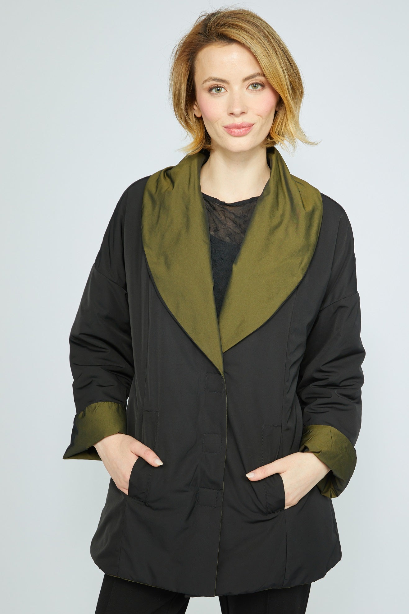 Olivia's Two Tone Taffetta Coat in Moss